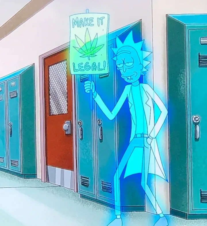 Screenshot of an episode of Rick and Morty, where a holographic Rick holds up a sign reading 
